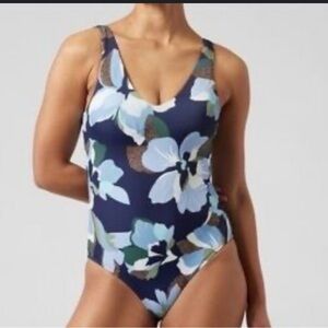 Athleta Seychelles Navy Floral V-Neck One Piece Swimsuit S Tall Bathing Suit